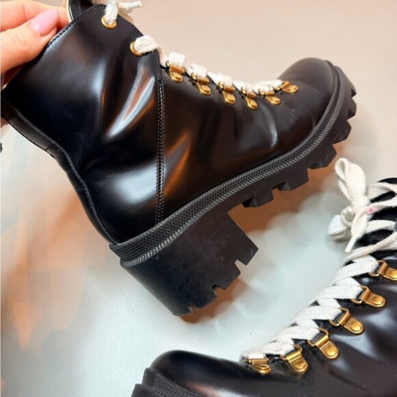 Gucci Black Leather Combat Ankle Boots | White Laces | Gold Accents | Size 7 - Picture 5 of 17